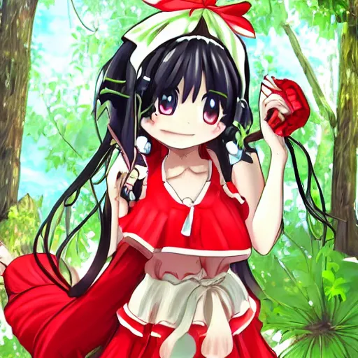 Image similar to a digital anime drawing of reimu in the jungle wearing bonnet