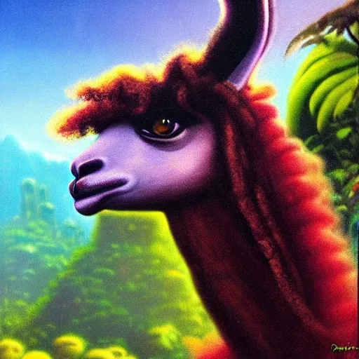 Prompt: llama with dreadlocks, smooth light, jungle in background, by Paul Lehr, detailed, macro