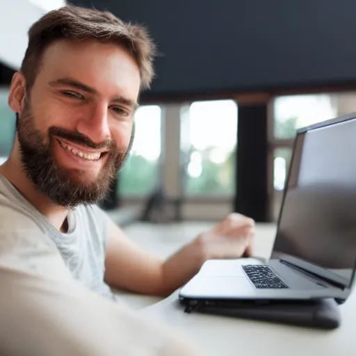 Image similar to a programmer finally fixed a bug in his code after trying for a long time, looking relieved and happy
