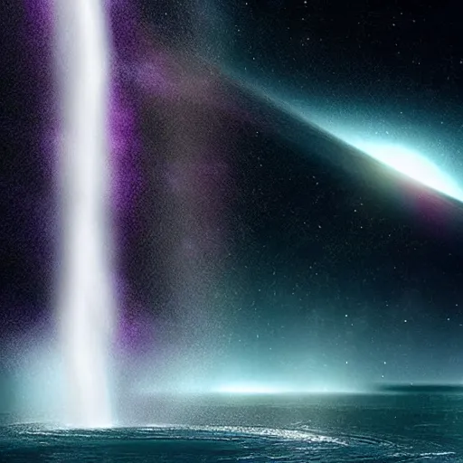 Prompt: “waterfall falling from asteroids in space, purplish space in background, 8k, realistic, cinematic, elegant”