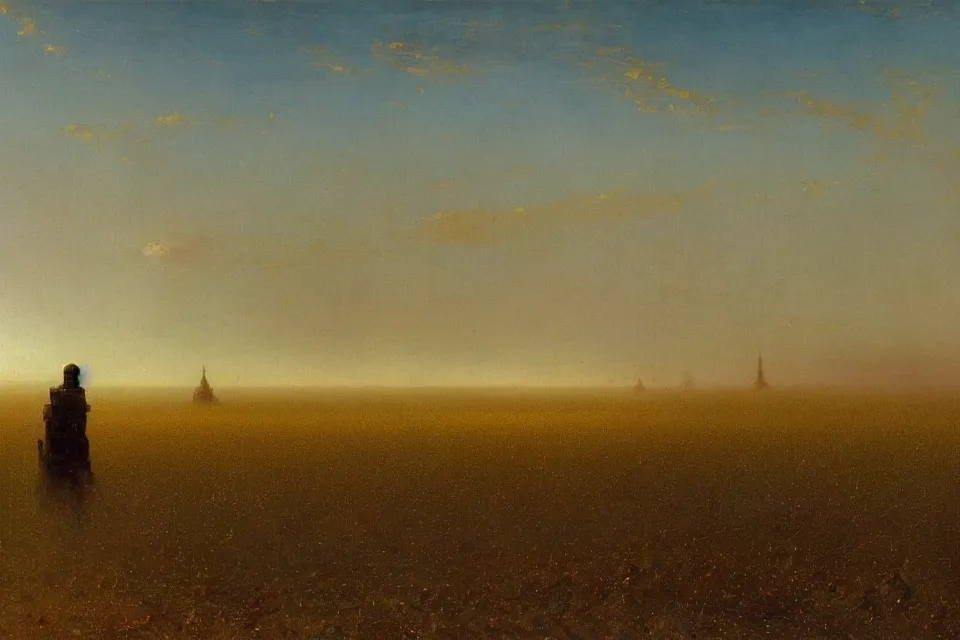 Image similar to sci-fi painting of a large alien city on the vast wheat fields, the closed back view of only one humanoid robot on the ground, by Ivan Aivazovsky, godrays, detailed