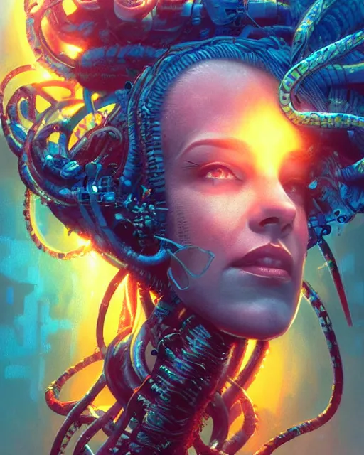 Image similar to a cyberpunk extreme close up portrait of cyborg medusa, electricity, snakes in hair, sparks, bokeh, soft focus, skin tones, warm, sky blue, sunny sky, by paul lehr, jesper ejsing