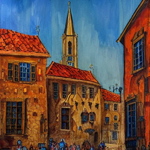 Prompt: beautiful medieval city, golden hour, lots of people in the street in the style of Ksenia Milicevic, French painter, architect and town planner