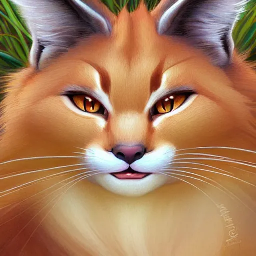 Prompt: cute fluffy caracal sticker design, natural lighting, path traced, highly detailed, high quality, digital painting, by don bluth and ross tran and studio ghibli and alphonse mucha, artgerm