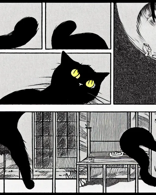 Image similar to three panels from junji ito's 'story of a black cat', full width, action shot, first person, manga