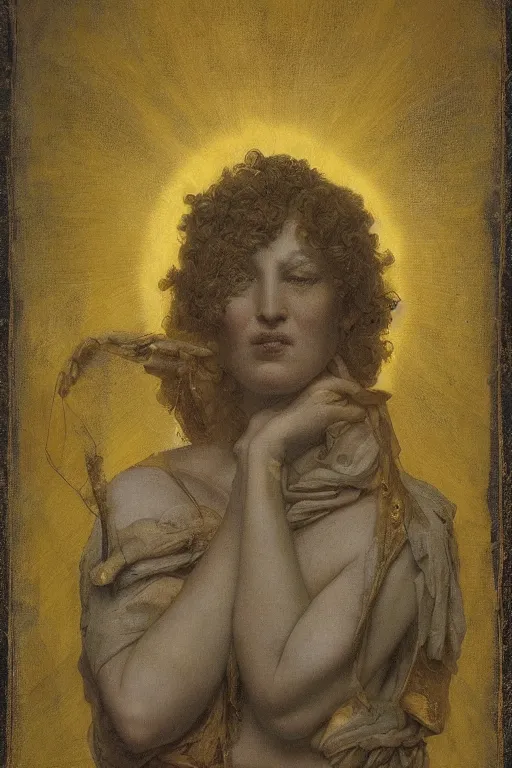 Image similar to the face of wisdom by roberto ferri, by Godward, by austin osman spare, blue and yellow lighting, intrincate details, non euclidian composition, ornatements flourishing, decaying flowers background texture, unnerving atmosphere