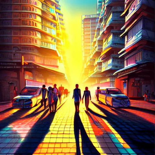 Image similar to mumbai in the future, city streets, golden hour, distopian fantasy, photorealistic artwork trending on pixiv