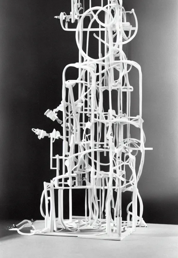 Prompt: a chess - piece building machine, complex white machinery with cables, a surrealist sculpture by marcel duchamp, archival pigment print, 1 9 1 4, conceptual art, artwork, academic art, surrealist, fluxus