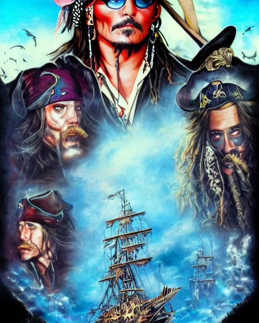 Prompt: < pirates of the prompt >!!!!! film poster featuring johnny depp, airbrush, drew struzan illustration art, key art, movie poster