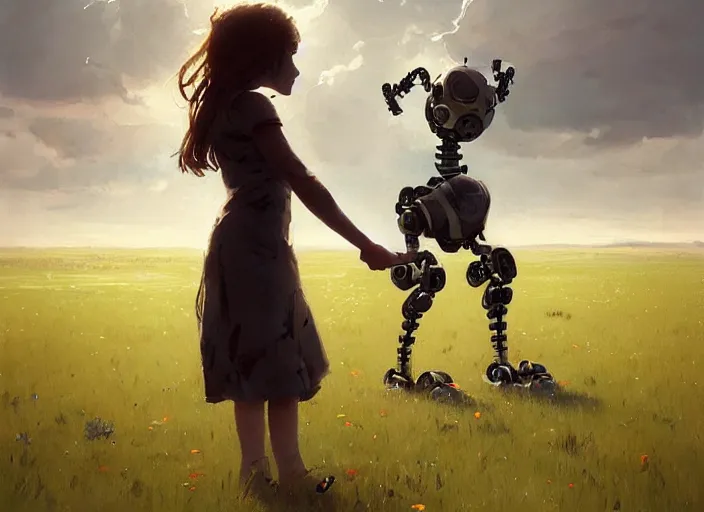 Prompt: a girl kissing a robot filled with life on a grass field by greg rutkowski