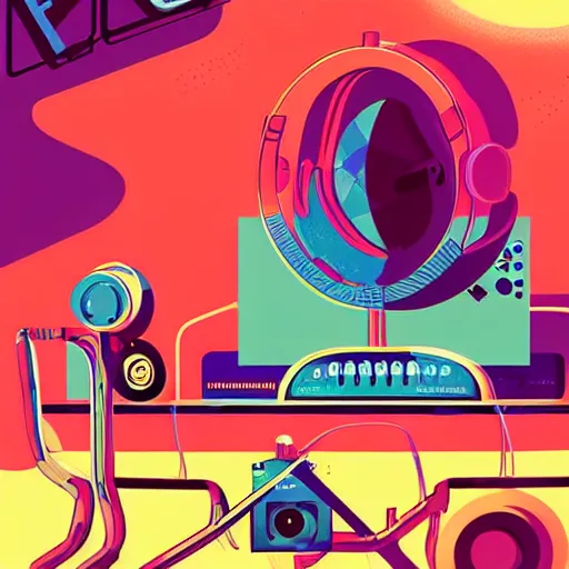 Prompt: Video killed the radio star, Animation printed poster , Artwork by James Gilleard, cinematic composition, trending