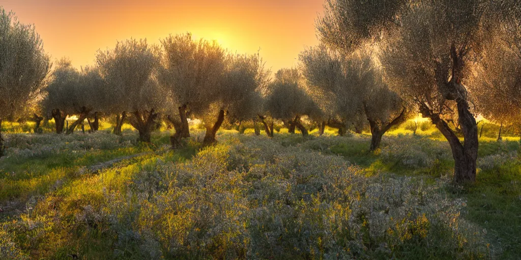 Prompt: flourishing blooming garden full of olive trees in italy, painting, matte painting, canvas, 4 k, 8 k, high detail, golden hour, sunset, epic light, shadows, contrast,