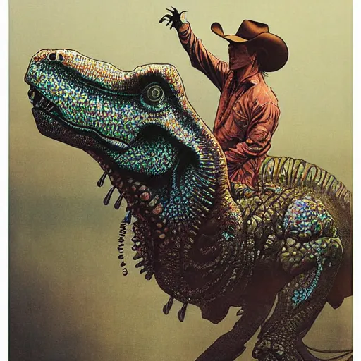 Prompt: a simple centered portrait of a cowboy dinosaur. an award winning yoshitaka amano digital art poster color painting, by james gurney and gerhard richter. art by takato yamamoto. masterpiece, poster colour on canvas.