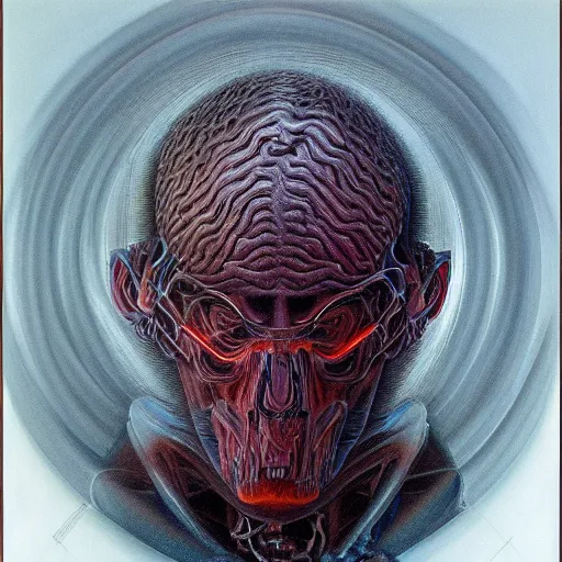 Prompt: biomechanical portrait of man connected to machine by Wayne Barlowe