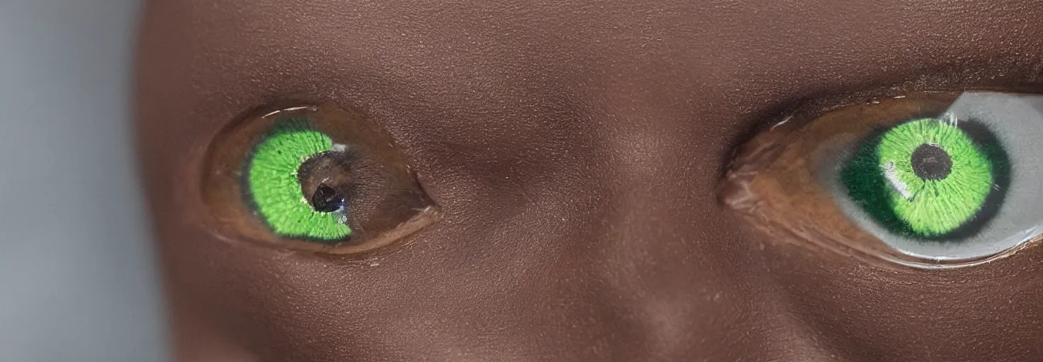 Image similar to close up of a female dead green eye reflecting a female figure holding a pistol