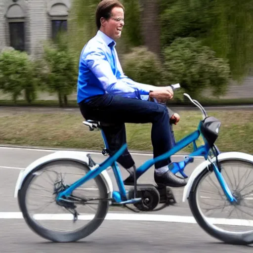 Image similar to mark rutte on a bicycle eating a hamburger