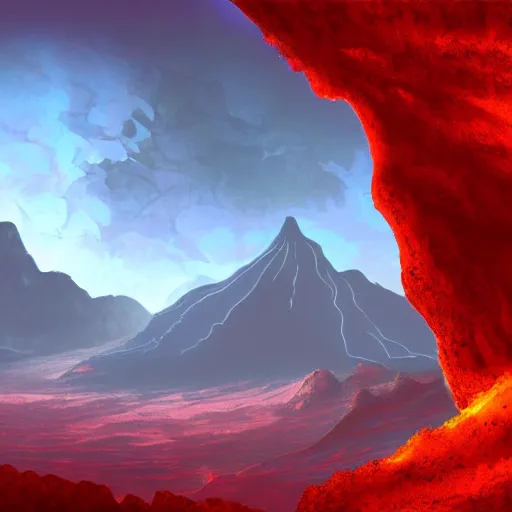 Prompt: a volcanic lava mountain canyon on an alien world, matte painting, dynamic lighting, cel shading, trending on artstation