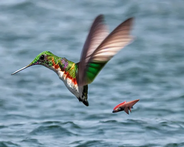 Image similar to photograph of a GIANT!!! hummingbird eating a shark!!