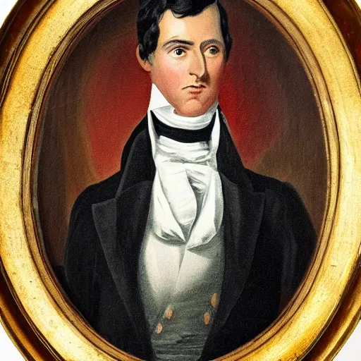 Prompt: regency era painting of man wearing a suit with a red tie standing in front of a colonial style house