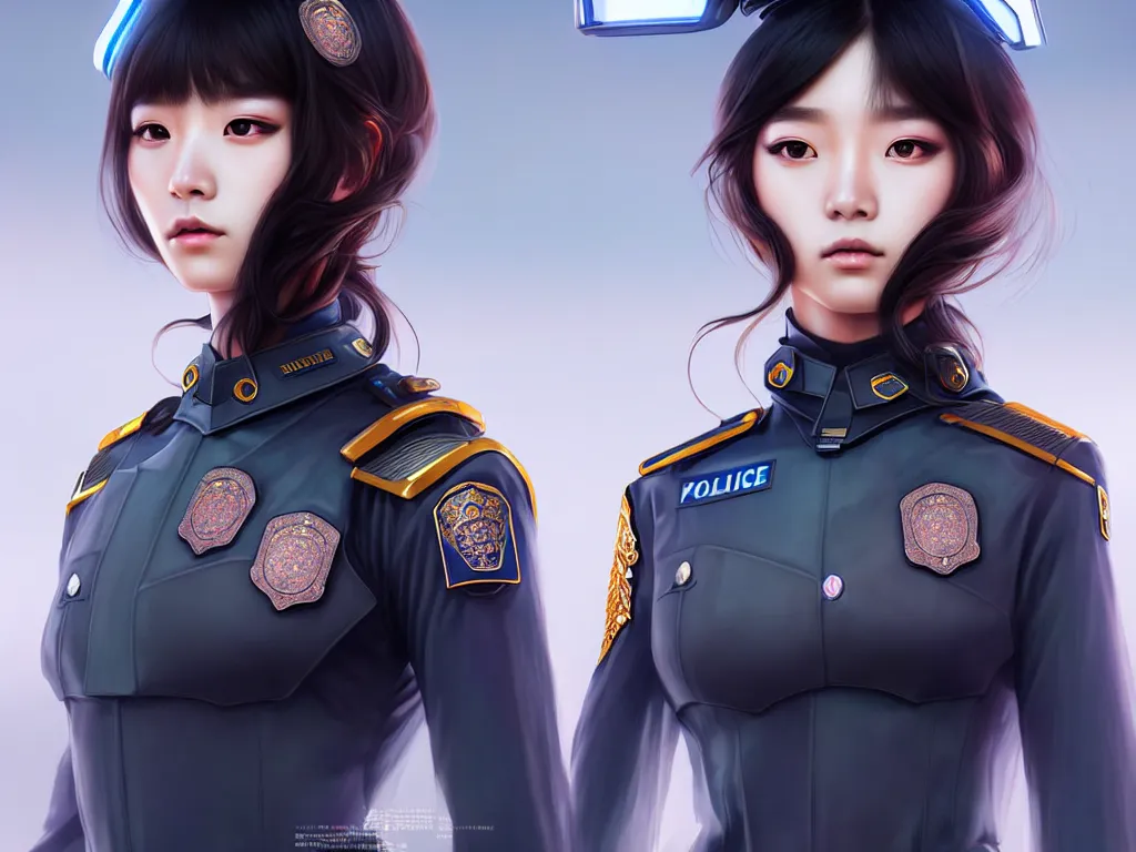 Image similar to portrait jisoo, futuristic koeran police uniform female, at future neon light rooftop, ssci - fi and fantasy, intricate and very very beautiful and elegant, highly detailed, digital painting, artstation, concept art, smooth and sharp focus, illustration, art by tan zi and ayanamikodon and alphonse mucha and wlop