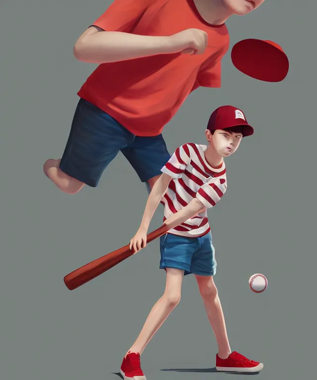 Image similar to a young boy wearing a horizontal striped shirt and a red baseball cap and jean shorts, holding a baseball bat, centered composition, digital painting, artstation, concept art, sharp focus, octane render, illustration, art by james jean,