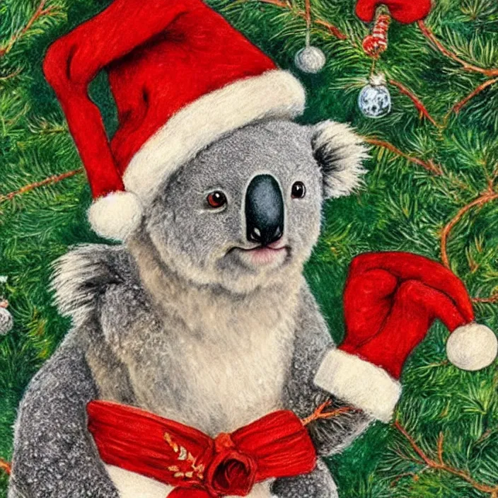 Image similar to a cute koala wearing a christmas hat by louis wain