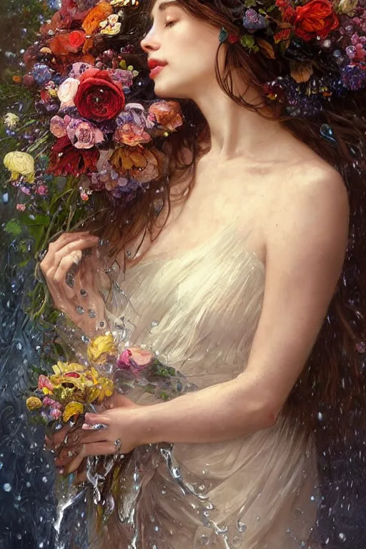 Prompt: portrait of a beautiful mysterious woman holding a bouquet of flowing flowers, drenched clothing, wet dripping long hair, hands hidden under the bouquet, emerging from the water, fantasy, regal, intricate, by stanley artgerm lau, greg rutkowski, thomas kindkade, alphonse mucha, loish, norman rockwell