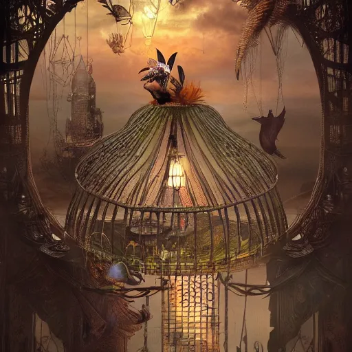 Image similar to intricate cage with bird of paradise steampunk, matte painting, cinematic, epic composition, detailed, atmospheric, wide angle, artstation trending