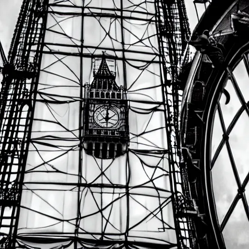 Image similar to Black and White photo of steampunk airship docking at Big Ben