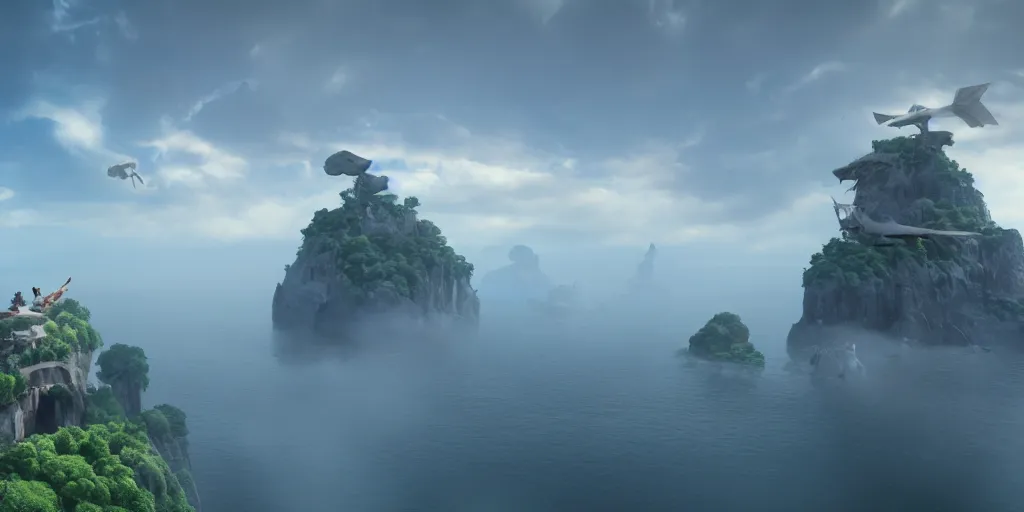 Prompt: a floating islands like avatar movie floating through the sky flying, foggy sky, around photorealism, unreal engine, 8 k, volumetric lighting, beeple style