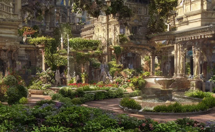 Prompt: A beautiful garden, next to a fountain and a mystical palace, hyperrealistic mixed media, stunning 3d render inspired art by P. Craig Russell and Barry Windsor-Smith + perfect facial symmetry + dim volumetric lighting, 8k octane beautifully detailed render, post-processing, extremely hyperdetailed, intricate futuristic mechanic parts, epic composition, grim yet sparkling atmosphere, cinematic lighting + masterpiece, trending on artstation