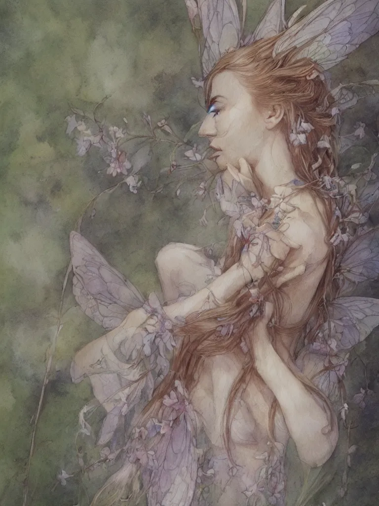 Image similar to study of a flower fairy, illustration, watercolor, alan lee, detailed, pretty, ethereal, realistic, artstation,