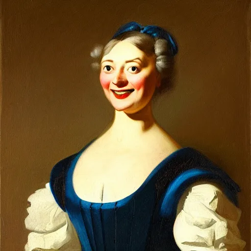 Prompt: portrait of a young woman with a happy face in the year 1780 by Johan Joseph Zoffany