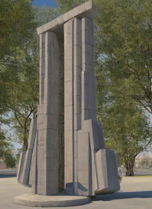 Image similar to highly detailed realistic architecture 3 d render of a mirrored stele monument in frank lloyd wright style standing on a side of a highway, archdaily, made in unreal engine 4 octane render