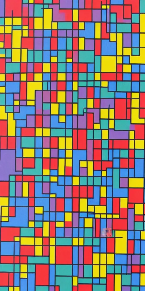 Prompt: minimalist map of symmetrical colorful squares by Piet Mondrian, hyper detailed, geometric, 3D, amazing depth