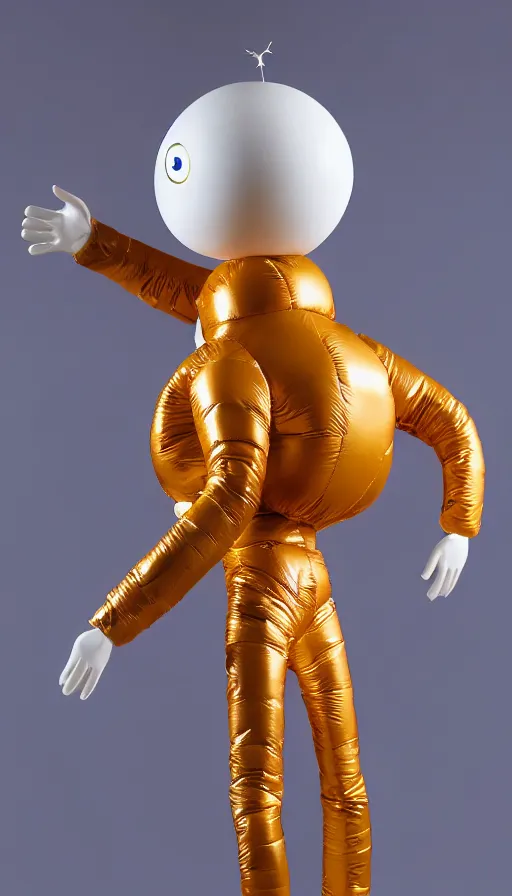 Prompt: a single striding slender figurine of a tall giant inflated space man wearing over sized amber puffy bomber jacket, long bendy arms and legs, googly eyes, tareme eyes, small head, personification, dynamic pose, detailed product photo, tone mapped, beautiful composition, 8 5 mm, f 5. 8, soft lighting