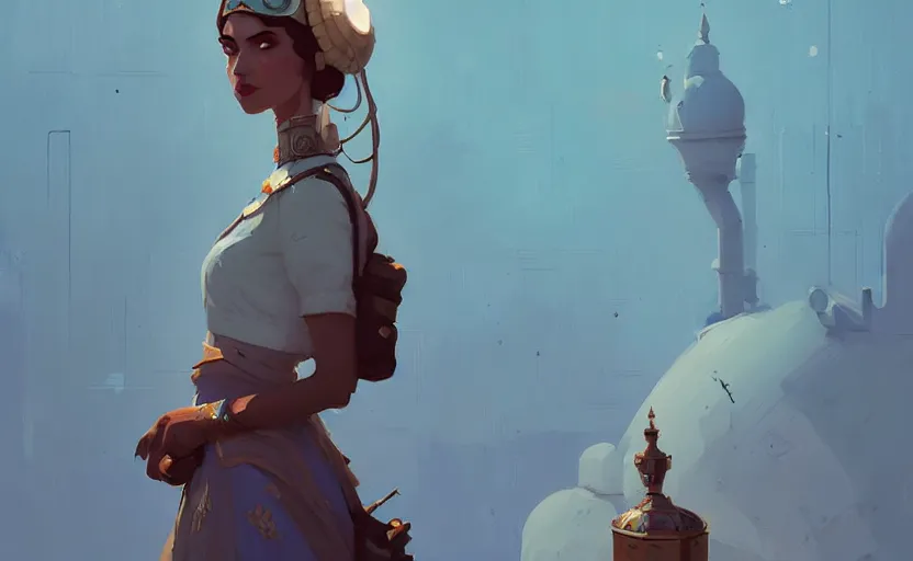 Image similar to female ottoman princess by atey ghailan, by greg rutkowski, by simon stalenhag, by greg tocchini, by james gilleard, by joe fenton, by kaethe butcher dynamic lighting, gradient light blue, brown, blonde cream and white color scheme, grunge aesthetic