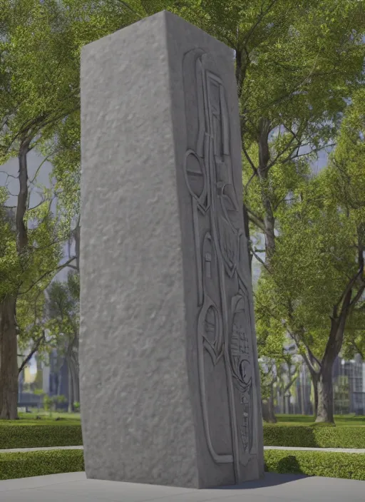 Image similar to highly detailed realistic architecture 3 d render of a futurisctic stele monument made from atomic structure standing in a city park, archdaily, made in unreal engine 4 octane render