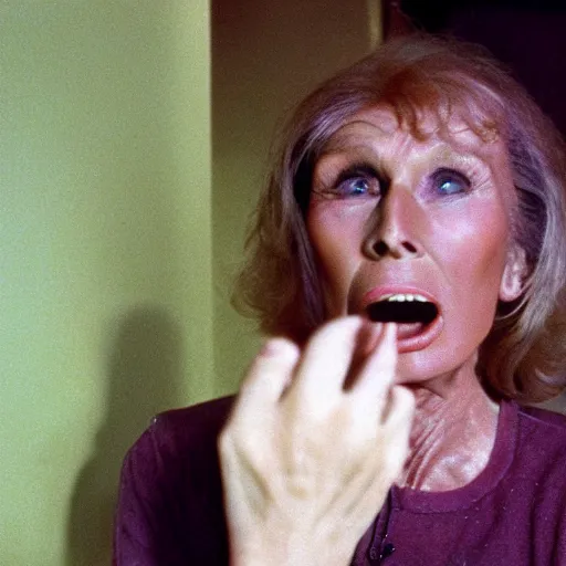 Prompt: 7 0 s film still from a horror movie of cloris leachman suffering from radiation induced moist desquamation, kodachrome, cinecolor, cinestill, film grain, film texture, retro, cinematic, high resolution, photorealism, - w 8 6 7