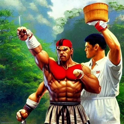 Image similar to ultra realistic forest gump as ryu from street fighter, painting by frank frazetta, 4 k, ultra realistic, highly detailed,