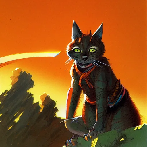 Image similar to a tabaxi!! samurai with dark orange fur and dark green glowing eyes, medium shot!, character illustration by Moebius! artstation, character concept art, John Berkey, Michael Whelan