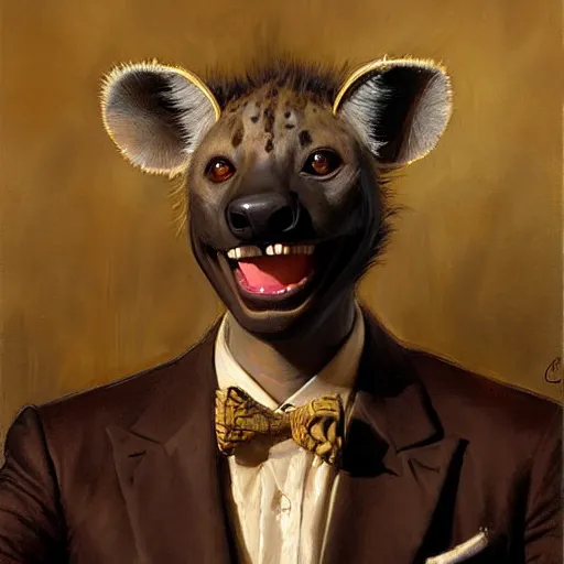 Prompt: a portrait of a hyena wearing a suit and smiling at the viewer. highly detailed painting by gaston bussiere, craig mullins, j. c. leyendecker 8 k