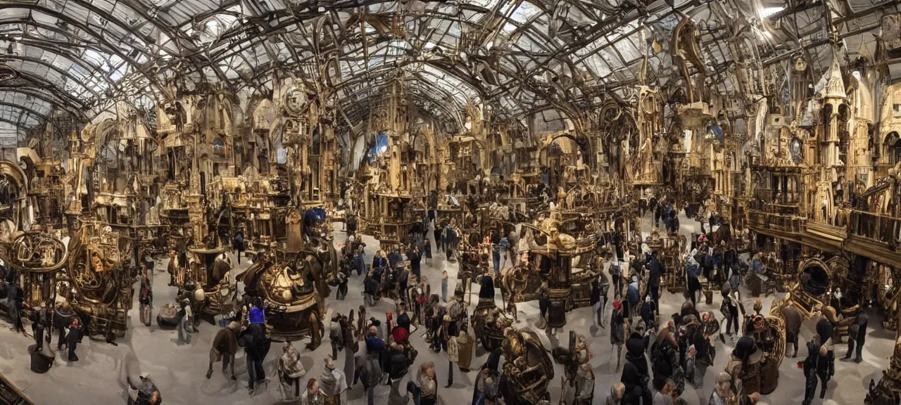 Prompt: A wide view into a Middle Ages Exhibition full of thousands of different old mechanical futuristic mechanisms, huge room of a old museum