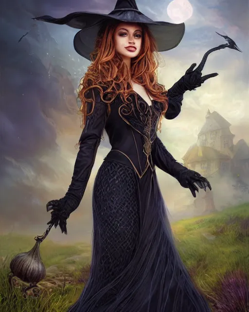 Image similar to a beautiful female witch, 8 k, hyperrealistic, hyperdetailed, fantasy portrait by laura sava