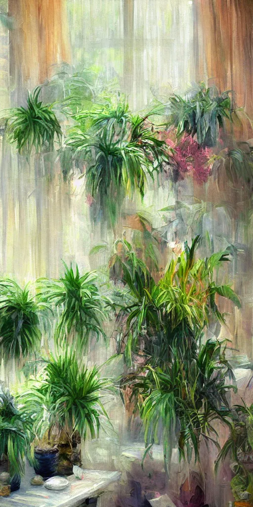 Prompt: serene studio space, soft light, exotic plants, impressionist painting, digital art