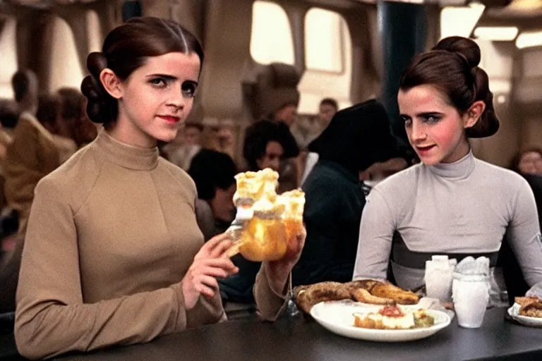 Image similar to princess leia having lunch with emma watson at quark's bar on deep space nine