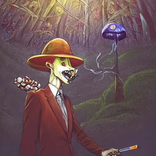 Image similar to a centered chest up portrait of a psychedelic demonic anthropomorphic forest animal in a suit smoking a hand - rolled cigarette smoking heavily, magic mushroom village in background. award winning. superb resolution. in the art style of junji ito and greg rutkowski. detailed mushroom city in background. hyper realistic anime. perfect art. dalle 2