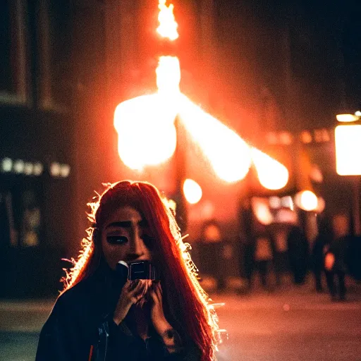 Image similar to Cinestill 50d candid photography of a city on fire, a techwear mixed woman wearing thick mascara and dark glitter makeup crying outside of a city on fire, tattoos, long shot, wide shot, full shot, blurry, 4k, 8k, hd, full color