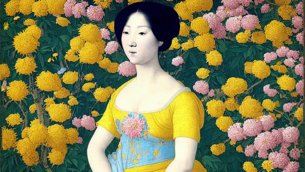 Prompt: portrait of an Asian woman with white and neon blue hair, wearing a yellow t-shirt, standing in a garden full of flowers, intricate details, high detail, in a renaissance style, super-flat, in the style of Jean Auguste Dominique Ingres, James Jean, punk