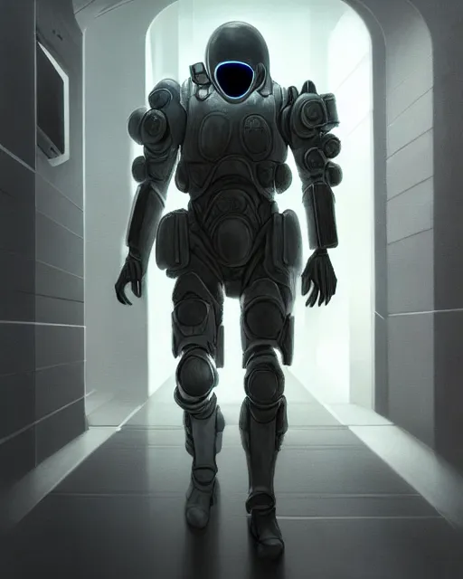 Image similar to ultra realist and ultra intricate detailed soft painting of a sci-fi armored male, no face, walking down futuristic hallway, sensual gloomy style, volumetric clouds, unreal render, depth of field